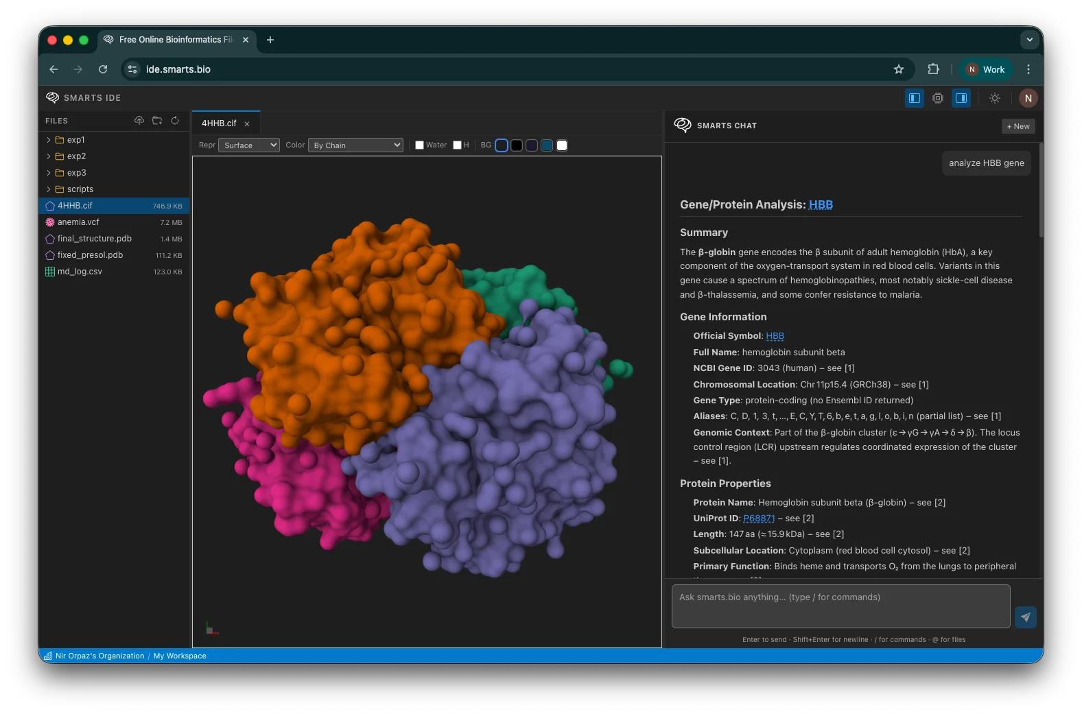 bioSTUDIO showing a PDB protein structure in the 3D Molstar viewer alongside the AI chat panel